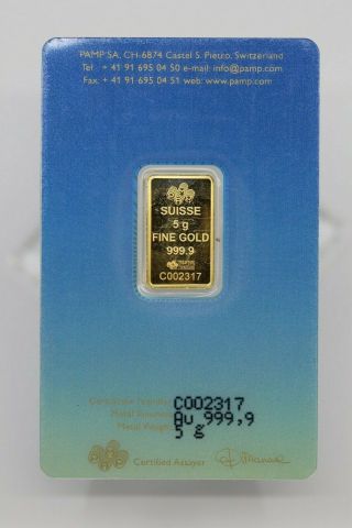 5 gram Gold Bar PAMP Suisse Lady Fortuna 24K AU.  9999 Fine (In Assay) 2