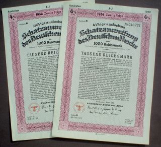 2 X Nazi German Government 1000 Reichsmark Trasury Loan 1936 Uncancelled
