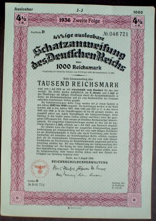 2 x Nazi German Government 1000 Reichsmark Trasury Loan 1936 uncancelled 2