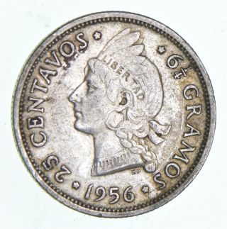 1956 Dominican Republic 25 Centavos - World Silver Coin 556