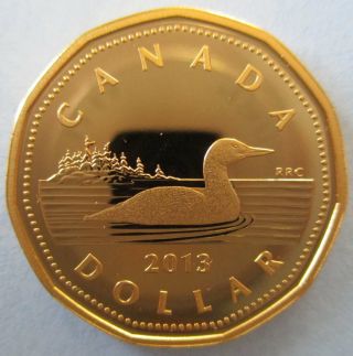 Canada 2013 $1 Gold Plated 99.  99 Proof Silver Loonie Heavy Cameo Coin
