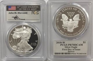 2018 W Proof Silver Eagle Pcgs Pr70 Dcam Mercanti First Day Of Issue Denver