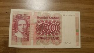 Norway 100 Kroner Bank Note.  1987