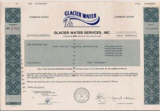 Stock Certificate Glacier Water Services,  Inc.  1992 State Of Delaware