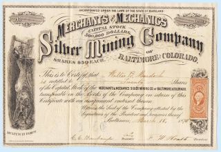 Merchants Silver Mining Company Baltimore & Colorado Stock Certificate 1870