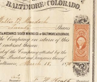 Merchants Silver Mining Company Baltimore & Colorado Stock Certificate 1870 7