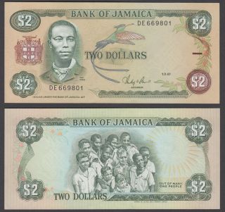 Jamaica 2 Dollars 1986 Unc Crisp Banknote P - 65a