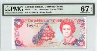 Cayman Islands 1991 P - 13 Pmg Gem Unc 67 Epq 10 Dollars Low S/n 736