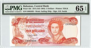 Bahamas 1974 (nd 1984) P - 45b Pmg Gem Unc 65 Epq 5 Dollars