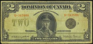 Dominion Of Canada 1923 $2 Two Dollars Campbell - Sellar Series U Black Seal Vg/f