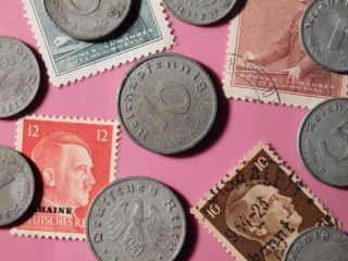 1,  5 And 10 Reichspfennig.  9 Nazi German Coins,  Hitler Stamps Third Reich.  K230