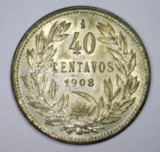 1908 Silver 40 Centavos CHILE About Uncirculated AU 2