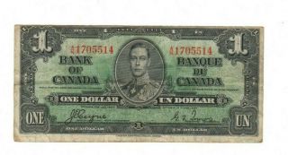 1937 Bank Of Canada $1 One Dollar Bill Cut Off - Center