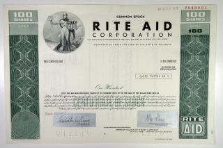 Nj.  Rite Aid Corp. ,  1976 100 Shrs Specimen Stock Certificate,  Xf - Green