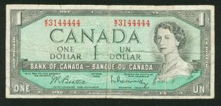 1954 Bank Of Canada $1 Dollar Beattie Rasminsky Prefix W/z 3144444 5 - 4 