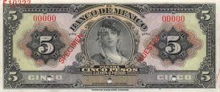 México 5 Pesos Nd.  1937 P 34s Archival Specimen Uncirculated Banknote Mex5