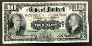 1938 The Bank Of Montreal $10 Dollar Bank Note 045099