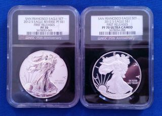 2012 - S San Francisco Silver Eagle 2 Coin Set Both Ngc Pf70 Ultra Cameo L5111