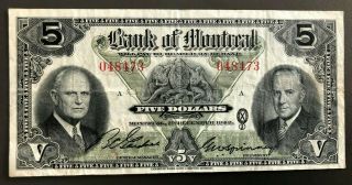 1942 Bank Of Montreal $5 Dollar Bank Note 048473