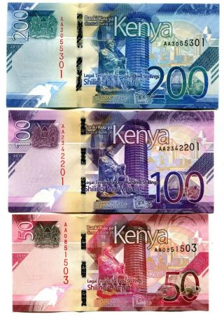 Kenya 50 100 200 Shillings 2019 P - Unc Set Of 3