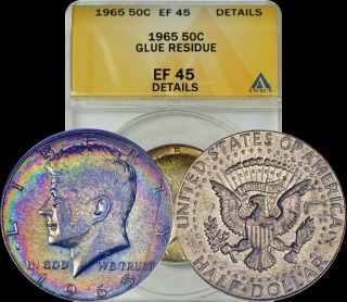1965 Silver Kennedy Half Dollar Anacs Ef45 Rainbow Toned Gem