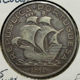 Portugal,  10 Escudos,  1934,  Fine,  Low - Mintage Date, .  3356 Ounce Silver