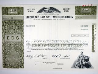 Tx.  Electronic Data Systems Corp. ,  1977 Specimen Stock Cert Ross Perot Sig