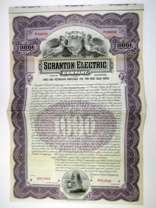 Pa.  Scranton Electric Co.  1907 Specimen $1000 5 Gold Coupon Bond,  Unc.  Abn Purp