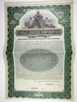 Nj.  Public Service Corp.  Of Jersey,  1909 $1000 Specimen 5 Gold Coupon Bond
