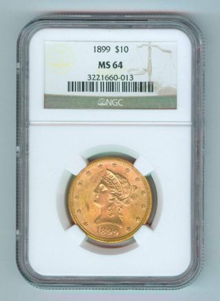 1899 - P U.  S.  $10 Liberty Head Gold Piece - Ngc Slabbed - Ms64