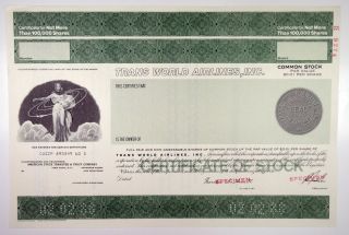 Trans World Airlines,  Inc. ,  1988 100,  000 Shrs Specimen Stock Certificate,  Xf