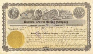 Bonanza Central Mining Company 19_ Arizona Mining Stock Certificate Share