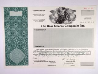 Bear Stearns Companies,  Inc.  1988 Specimen Stock Cert Blue Uncirculated Sc - Usbn