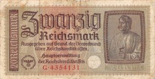 Germany / Occupied Territories Wwii 20 Reichsmark Circulated Banknote Lv1017