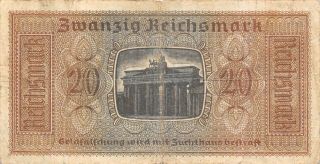 Germany / Occupied Territories WWII 20 Reichsmark Circulated Banknote LV1017 2