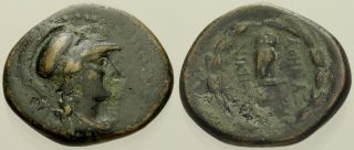 060.  Greek Bronze Coin.  Pergamon.  Ae - 16.  Athena / Owl In Wreath.  Avf