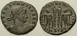 045.  Roman Bronze Coin.  Constans,  As Caes.  Ae - Follis.  Siscia Soldiers & Standard
