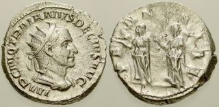 027.  Roman Silver Coin.  Trajan Decius.  Ar Antoninianus.  Rome.  Twin Pannonaie