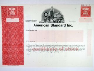 American Standard Inc. ,  1975 10,  000 Shrs Specimen Stock Certificate,  Xf