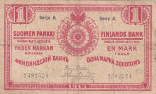 1 Markka Vg - Fine Banknote From Russian Finland 1915 Pick - 16