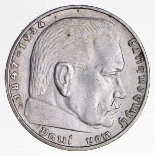 1938 German Ww2 Nazi 2 Mark Swastika Silver Historic Coin - Germany War 138