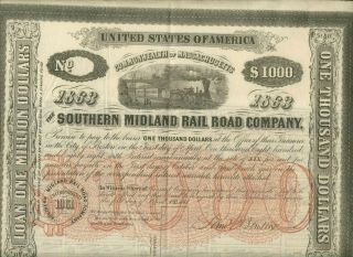 Unissued Southern Midland Rail Road Company Massachusetts Bond Certificate