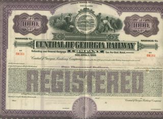 Unissued Central Of Georgia Railway $1000 Bond Certificate