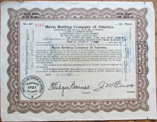 Mavis Bottling Company Of America 1931 Stock Certificate - Pepsi - Cola Soda