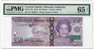 2010 Cayman Islands $50 Dollars,  D/1 575 Sn P - 40,  Pmg 65 Epq Gem Unc,  Qeii Type