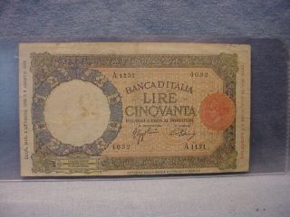 1943 Italy 50 Lire Banknote -
