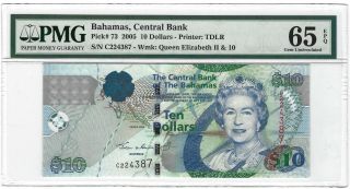 2005 Bahamas $10 Dollars Qeii,  P - 73,  Pmg 65 Epq Gem Unc,  Scarce Type In Gem
