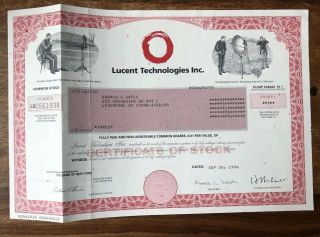 Lucent Technologies Former At&t,  Bell Labs Stock Certificate Circa 1996 -