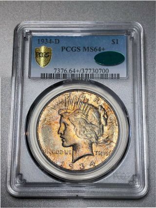 1934 - D Peace Dollar $1 PCGS MS64,  CAC - Colorful Rainbow Toning 2