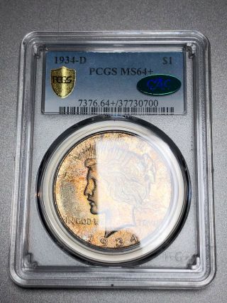 1934 - D Peace Dollar $1 PCGS MS64,  CAC - Colorful Rainbow Toning 4